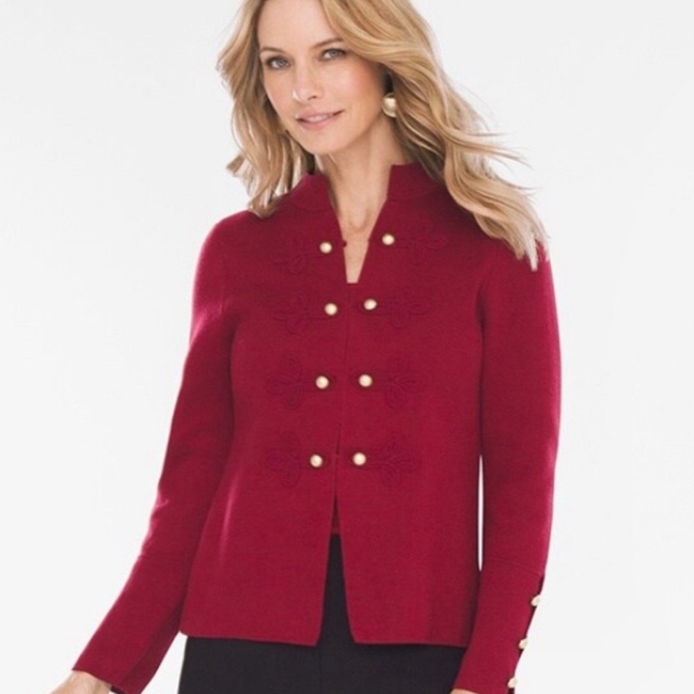 Chico’s Military Style Red Sweater Cardigan Gold Button Thick Knit Size Medium 1